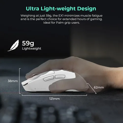 Vista 12 de TECWARE EX1 - Mouse ligero para juegos Mouse inalámbrico de 26 K DPI con pantalla OLED Diseño ultraligero de 2.08 oz Base de carga RGB Blanco