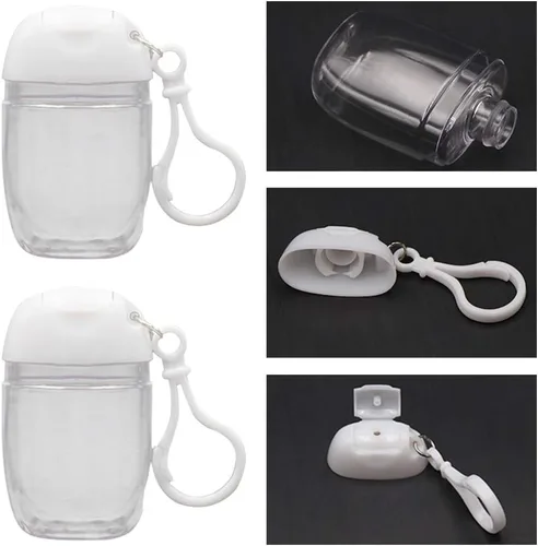Vista 4 de 10 botellas vacías transparentes de 1 onza y 1.0 fl oz para desinfectante de manos, soporte de viaje, gancho para llavero, tapa abatible blanca
