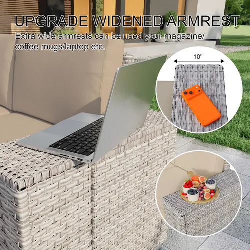 Vista 5 de Juego de muebles de patio de 6 piezas, sofá modular para exteriores con reposabrazos anchos, sofá de grupo de asientos de mimbre con mesa auxiliar