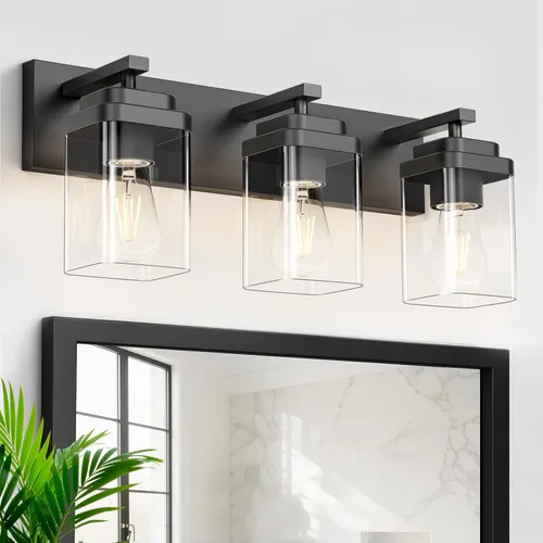 Vista 19 de Lámparas de baño de oro cepillado, 4 luces de baño sobre el espejo, diseño cuadrado y placa trasera grande rectangular, accesorios de iluminación