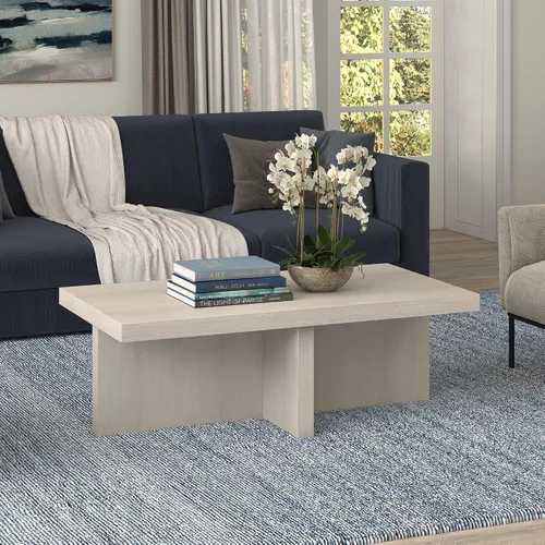 Vista 2 de Henn&Hart - Mesa de centro escandinava de 44 pulgadas, color blanco haya El estilo de pedestal atemporal se combina con una superficie generosa