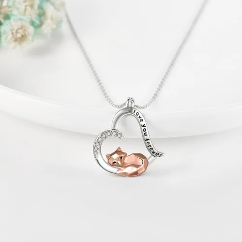 Vista 4 de Collar de zorrocerdoperezoso de plata de ley 925 con colgante de corazón de animal, joyería de animales, regalos para mujeres
