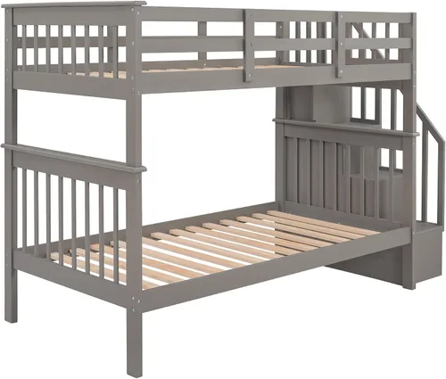 Vista 8 de Harper & Bright Designs Litera individual sobre individual con escalera, literas de madera con estante de almacenamiento y riel de protección, marco