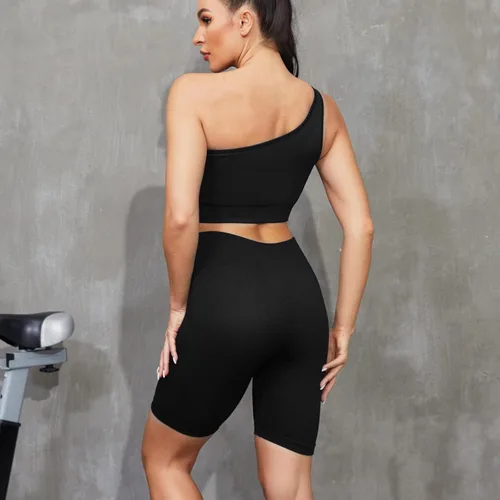 Vista 3 de Plubedo Conjuntos de entrenamiento para mujer, 2 piezas, acanalados, sin costuras, con un hombro, de cintura alta, para yoga, conjunto deportivo