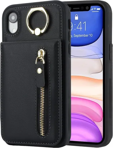 Vista 7 de Funda para iPhone XR Teléfono Cartera para Mujer, Funda para iPhone XR Teléfono con Tarjetero con Tarjeta de Crédito con Anillo Kickstand Cremallera