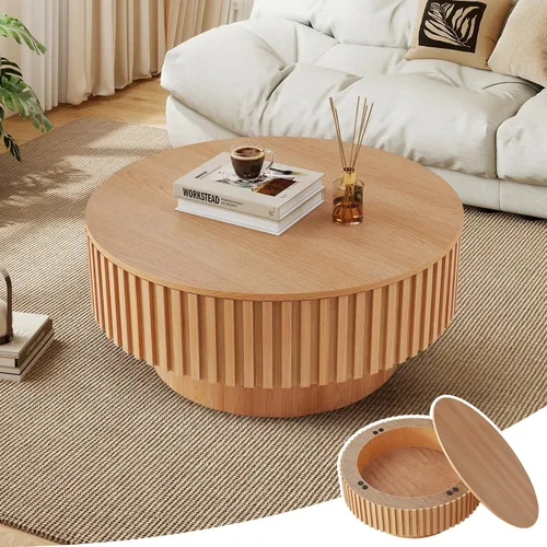 Vista 14 de Mesa de café redonda de 80 cm en madera, mesa de café circular moderna y única, mesa auxiliar contemporánea de roble con forma de tambor y acento