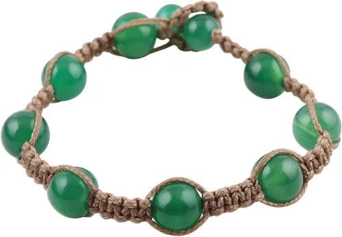 Vista 2 de NOVICA Pulsera artesanal de cuentas de ónix anudado a mano, macramé verde de la India con piedra natal de algodón 7.5 pulgadas de largo x 8 pulgadas