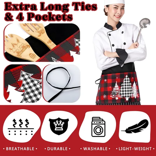 Vista 4 de Bencailor 4 Pcs Christmas Server Waitress Aprons with 4 Pockets Buffalo Plaid Half Waist Apron for Xmas Restaurant Party