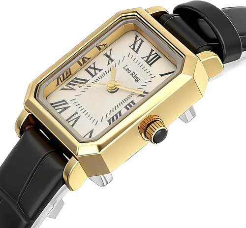 Vista 3 de LEO RING Relojes dorados para mujer, reloj analógico de lujo, delicado y moderno, pequeño, de cuero marrón, caja rectangular, esfera romana