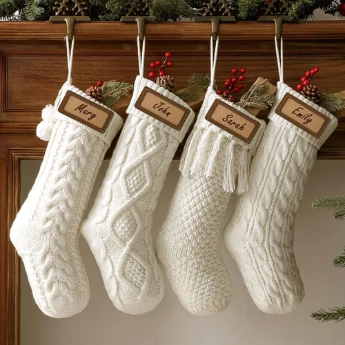 Vista 7 de Medias de Navidad de 18 pulgadas, 5 medias de punto trenzado color burdeos surtido con lazo de cinta de terciopelo, hilo rústico de granja de Borgoña