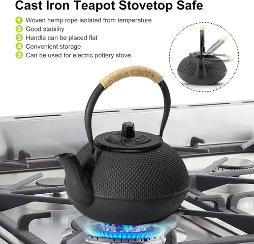 Vista 7 de Tetera de hierro fundido suyika Tetsubin japonesa con infusor de acero inoxidable para olla de uso en estufa segura con interior esmaltado 22 oz/650