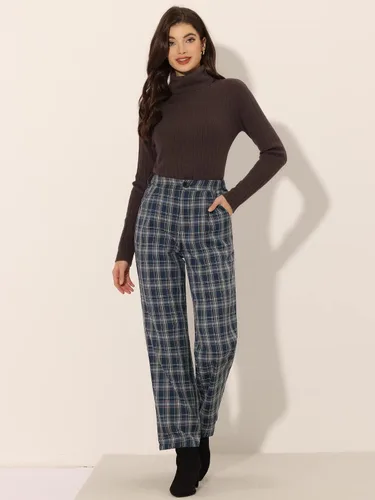 Vista 3 de Allegra K Pantalones a cuadros para mujer, cintura elástica, pantalones largos casuales para trabajo y oficina