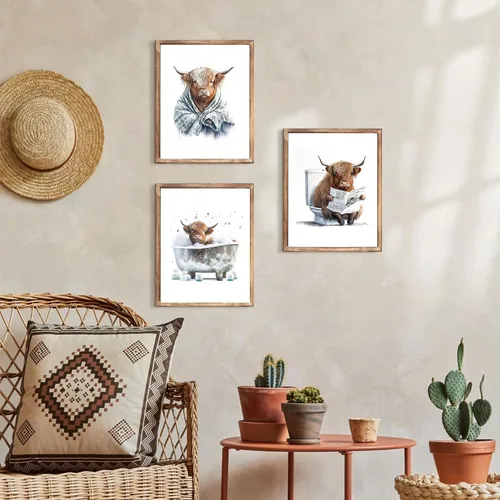 Vista 3 de Arte Divertido de Pared para Baño con Imágenes de Vaca de las Tierras Altas Escocesas, Decoración de Pared, Vaca Tierna en Bañera, Impresiones