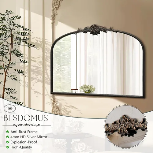 Vista 7 de Besdomus Espejo Negro Arqueado Vintage: 32"x24" Gran Espejo Negro Vintage Montado en la Pared - Barroco Tradicional Ornamentado para Sala