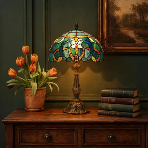 Vista 6 de Tiffany Table Lamp Stained Glass Bedside Reading Light W12H19 inch