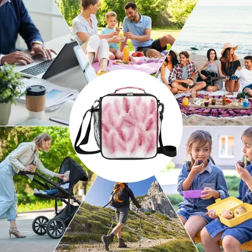 Vista 7 de Flamingo Feather Pattern Kids Lunch Bag, Insulated Lunch Box for School Reusable Lunch Tote with Shoulder Strap Leakproof Waterproof for Boys Girls