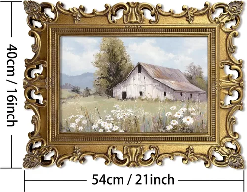 Vista 2 de XIAOAIKA Arte de pared de paisaje de granero blanco acabado a mano, impresión de escena de granja vintage con marco barroco dorado envejecido