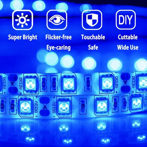 Vista 4 de Tira de Luz LED Azul, No Impermeable 16ft/5m SMD5050 (60 LED/s) Total 300 LEDs DC12V Cinta de Luz LED Flexible Cortable