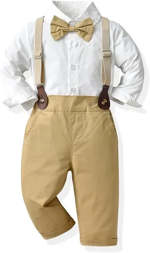 Vista 2 de IDOPIP Toddler Kids Baby Boys Formal Suit Gentleman White Shirt with Bowtie + Suspender Shorts Pants Overalls Clothes 6M-5T