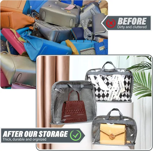 Vista 7 de 15 bolsas para el polvo para bolsos, organizador de almacenamiento de bolsos, 3 tamaños, organizador de bolsos transparentes para colgar bolsas