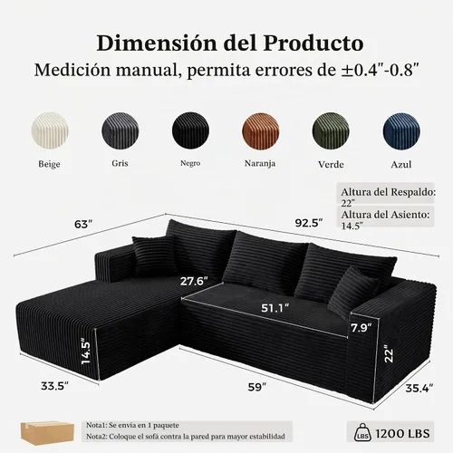 Vista 2 de Sofá modular en forma de L para sala de estar, sofá modular sin huesos con diván, sofá de pana con asiento profundo, no requiere montaje, negro