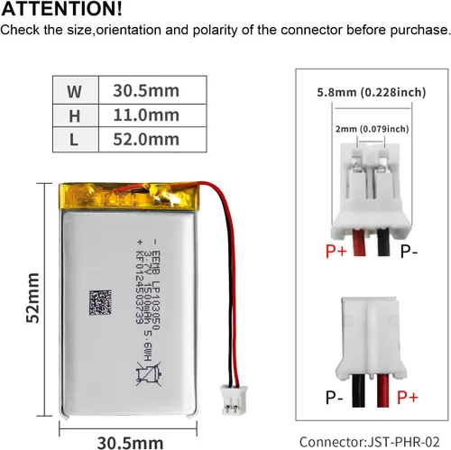 Vista 3 de EEMB Batería de polímero de litio 3.7V 1500mAh 103050 Lipo Batería recargable con conector JST de cable para altavoz y dispositivo inalámbrico