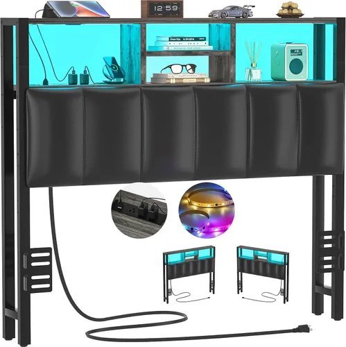 Vista 18 de Cabecero Aheaplus para Cama Individual con Almacenamiento, Cabeceros con Enchufes, Puertos USB y Luz LED, Cabecero Individual Solo, Altura