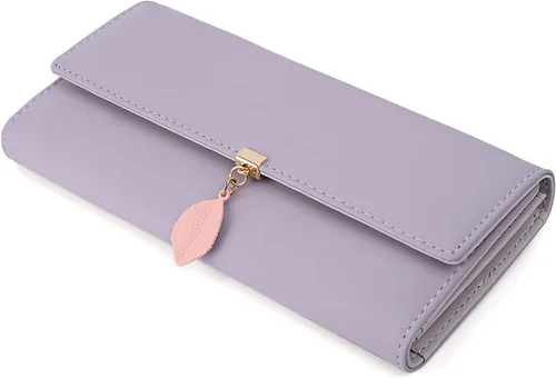 Vista 92 de UTO - Cartera pequeña RFID de piel sintética con dije de hoja, cierre de cremallera y tarjetero.