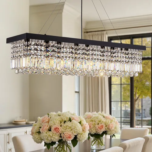 Vista 17 de Candelabros Modernos de Cristal para Lámpara de Comedor, Candelabro de Techo Rectangular Dorado de 6 Luces para Isla de Cocina y Sala de Estar