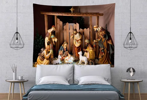Vista 3 de Loccor Tapiz de escena del Nacimiento de Navidad, escena del pesebre, figuras de Jesús, Virgen María, tapiz para colgar en la pared, arte de pared