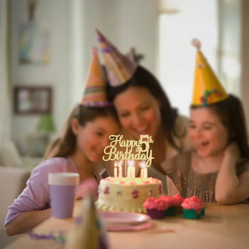 Vista 8 de Gyufise 1 unidad Decoración de pastel de feliz 5 cumpleaños con purpurina, adorno de pastel de feliz 5 cumpleaños, felicitaciones a los 5 años