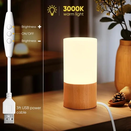 Vista 4 de LONRISWAY Lámpara de mesa de madera LED pequeña, luz de noche de noche para dormitorio, iluminación LED regulable, decoración creativa