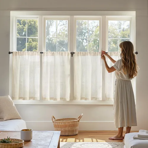 Vista 3 de Jinchan - Cortinas de lino texturizado para cocina, 24 pulgadas, natural, 2 paneles Mezcla de lino beige natural