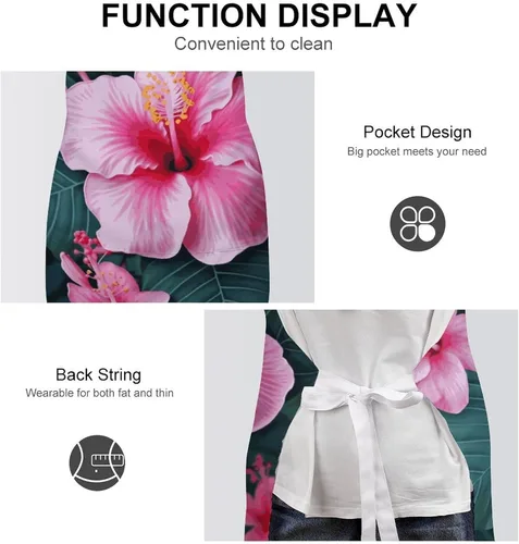 Vista 6 de MUSM Hawaii Pink Flower Apron，Classic Vintage Funny with Pockets Aprons,Adjustable Bib Waterdrop Resistant for Kitchen Cooking Restaurant BBQ