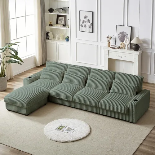 Vista 10 de Sofá cama modular de pana de 126 pulgadas de gran tamaño con portavasos, sofá cama convertible de 4 plazas con puerto de carga USB y cojines de Beige