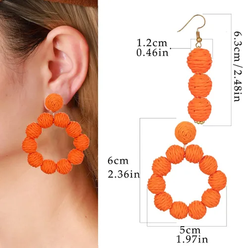 Vista 2 de 2 pares de aretes de ratán tejidos de rafia, aretes colgantes de ratán, aretes bohemios hechos a mano, paja, trenza, joyería bohemia para mujeres