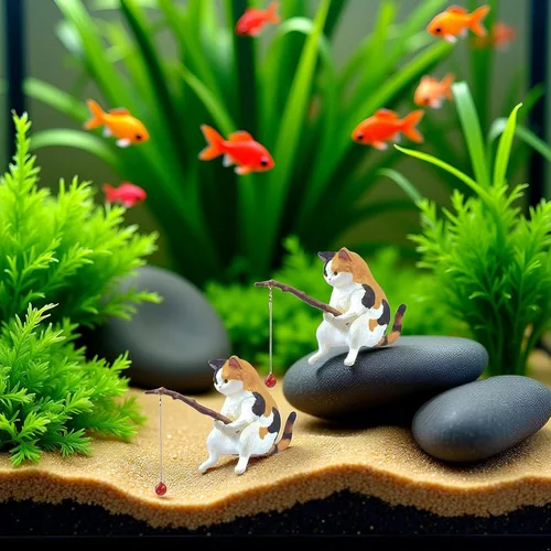 Vista 3 de GANPUB 2 figuras de pesca de gato, bonita decoración de estatua de gato, mini decoraciones de resina, escultura artesanal para tanques de acuario