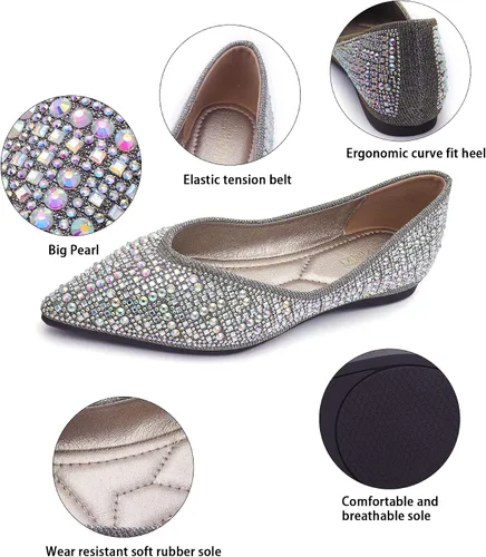 Vista 4 de Zapatos planos para mujer con punta puntiaguda con diamantes de imitación, zapatos de boda cómodos, zapatos planos de trabajo, zapatos de vestir