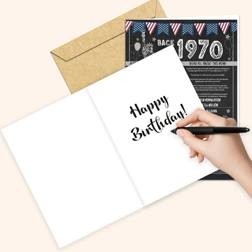 Vista 4 de Ideas de regalos de cumpleaños número 55 para hombres o mujeres. Tarjeta de felicitación gigante de Back In 1970. Suministros para decoración