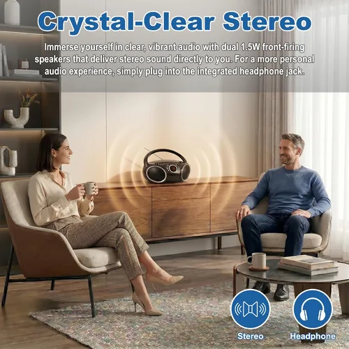 Vista 2 de SINGING WOOD 030C Reproductor de CD portátil Boombox AM FM Radio de sintonización analógica, línea auxiliar, conector para auriculares, asa