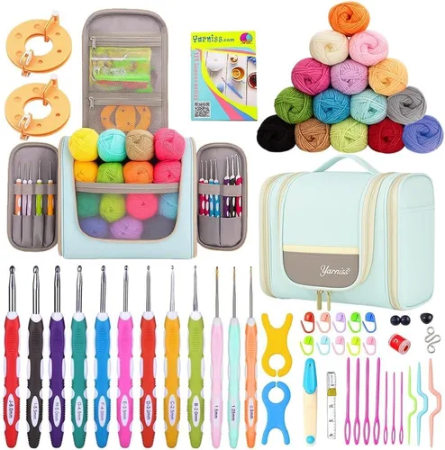 Vista 13 de Juegos de ganchillo Yarniss con hilo, 1120 yardas de carretes de hilo de ganchillo suave, 10 tamaños de ganchos de ganchillo ergonómicos con bolsa