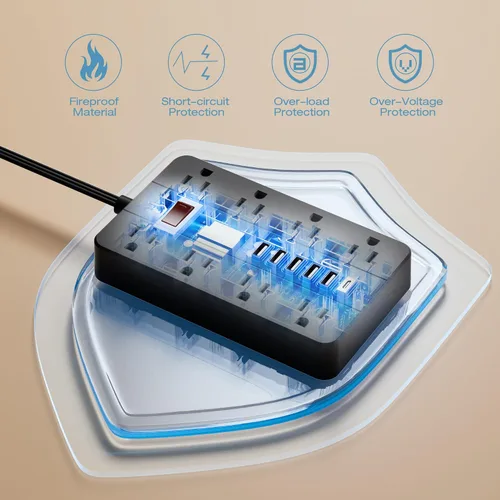Vista 6 de Tira de alimentación con puertos USB, cable de extensión HUNIAN de 5 pies con enchufe plano y 8 tomas, cargador de 6 USB (1 puerto USB C), protector