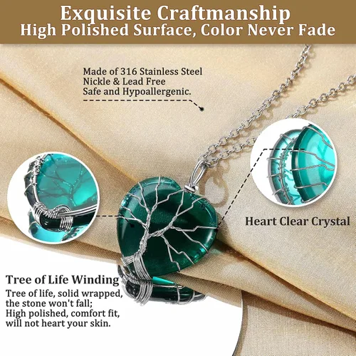 Vista 5 de Bestyle Collar de cristal curativo envuelto en árbol de la vida, colgante de piedra natal de 12 meses para mujeres, joyas de piedras preciosas
