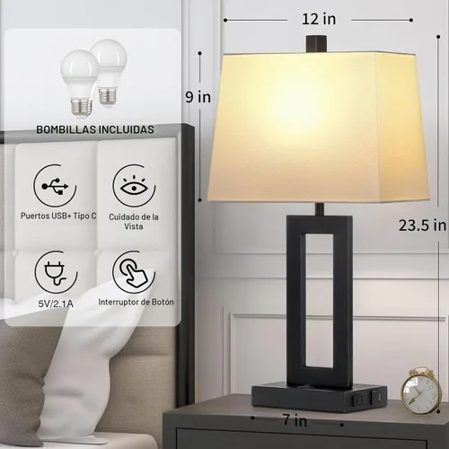 Vista 7 de Cinkeda Juego de 2 lámparas de mesa con puertos USB C+A y salida de CA, lámparas de noche, lámparas modernas para dormitorio, lámparas negras