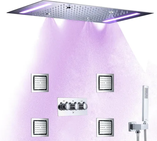 Vista 11 de Juego de sistema de ducha de lluvia de lujo, montado en techo, 14 x 20 pulgadas, grifo rectangular de ducha de lluvia con control LED, spa, baño