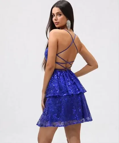 Vista 4 de YUAOHUANG Vestido de fiesta de lentejuelas con tirantes delgados 2025 vestidos de cóctel cortos escalonados para mujer