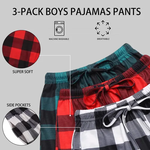 Vista 5 de Ekouaer Pantalones de pijama para niños, paquete de 3 pantalones de dormir suaves con cintura elástica para niños, pantalones de pijama a cuadros