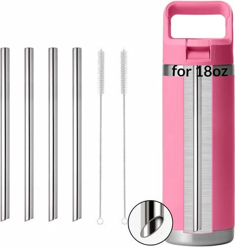 Vista 6 de 4 popotes de metal de repuesto para botella de agua YETI Rambler Jr., popotes de repuesto reutilizables de acero inoxidable con 2 cepillos