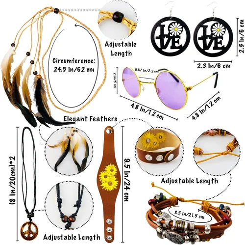 Vista 3 de ARK Survivor Disfraz hippie para mujer, accesorios de atuendo retro para mujer, diadema de plumas