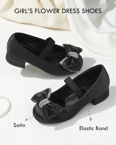 Vista 2 de Coutgo Zapatos de vestir Mary Jane para niñas, con lazo y diamantes de imitación, tacón bajo, para fiesta, boda, princesa